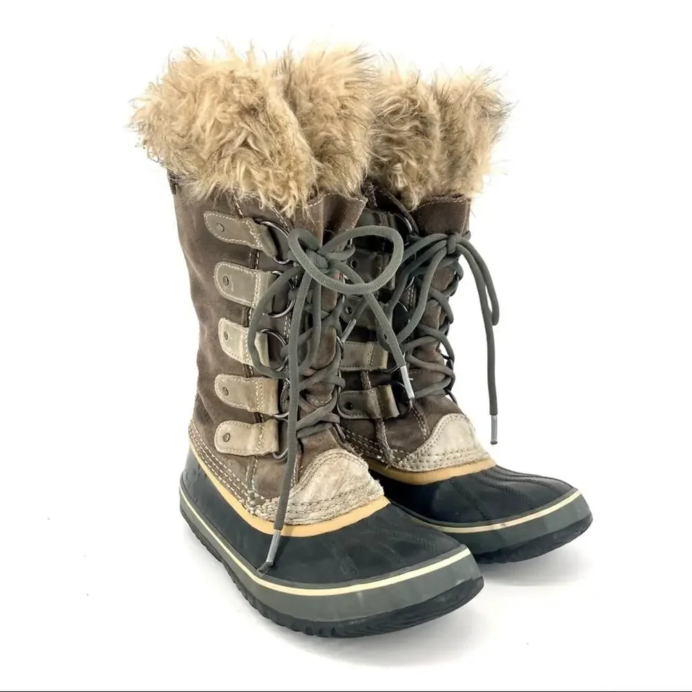 Sorel: Women's tall taupe gray suede Joan of Arctic snow winter boots fur trim 8